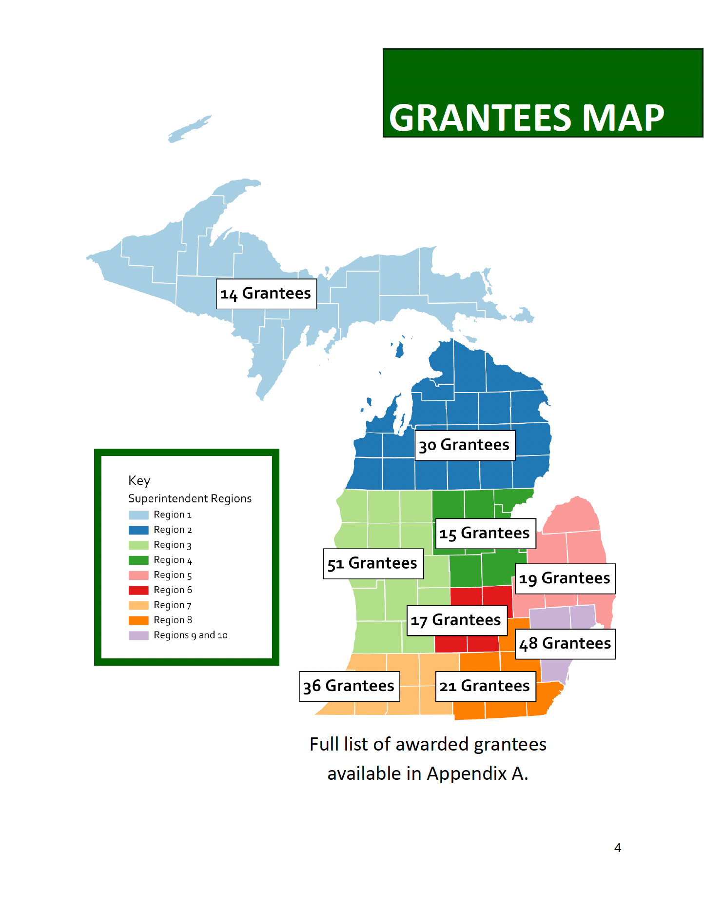 A map of Michigan showing the number of 10 Cents a Meal grantees per Superintendent Region